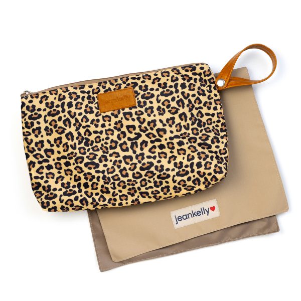 jeankelly changing pouch - with tan handle - leopard print