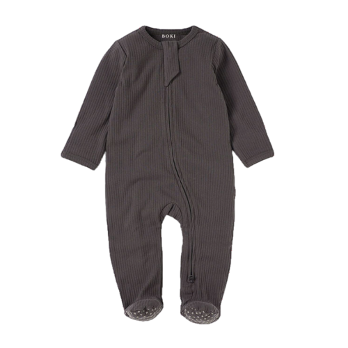 Boki Baby Charcoal Ribbed Onesie with Zip, Soft Organic Cotton Sleepsuit