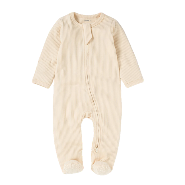 Boki Baby Creme Ribbed Onesie with Zip, Soft Organic Cotton Baby Sleepsuit