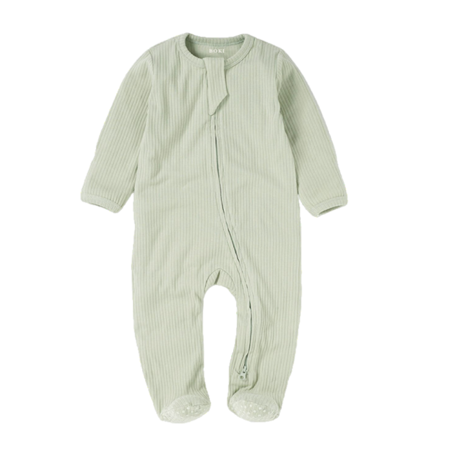 Boki Baby Dried Mint Ribbed Onesie with Zip, Soft Organic Cotton Baby Sleepsuit