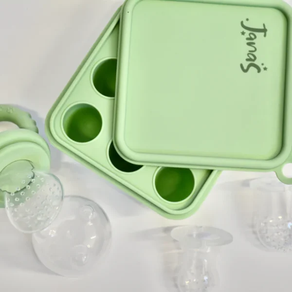 Silicone Baby Fruit Feeder & Teether Set with Freezer Tray: Eucalyptus
