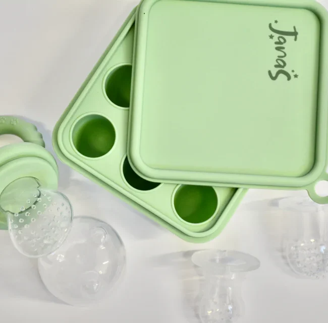 Silicone Baby Fruit Feeder & Teether Set with Freezer Tray: Eucalyptus